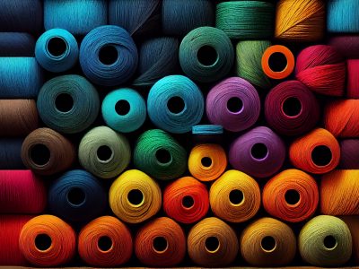 Spools of Multi Colored Thread on Textile Material generated by artificial intelligence